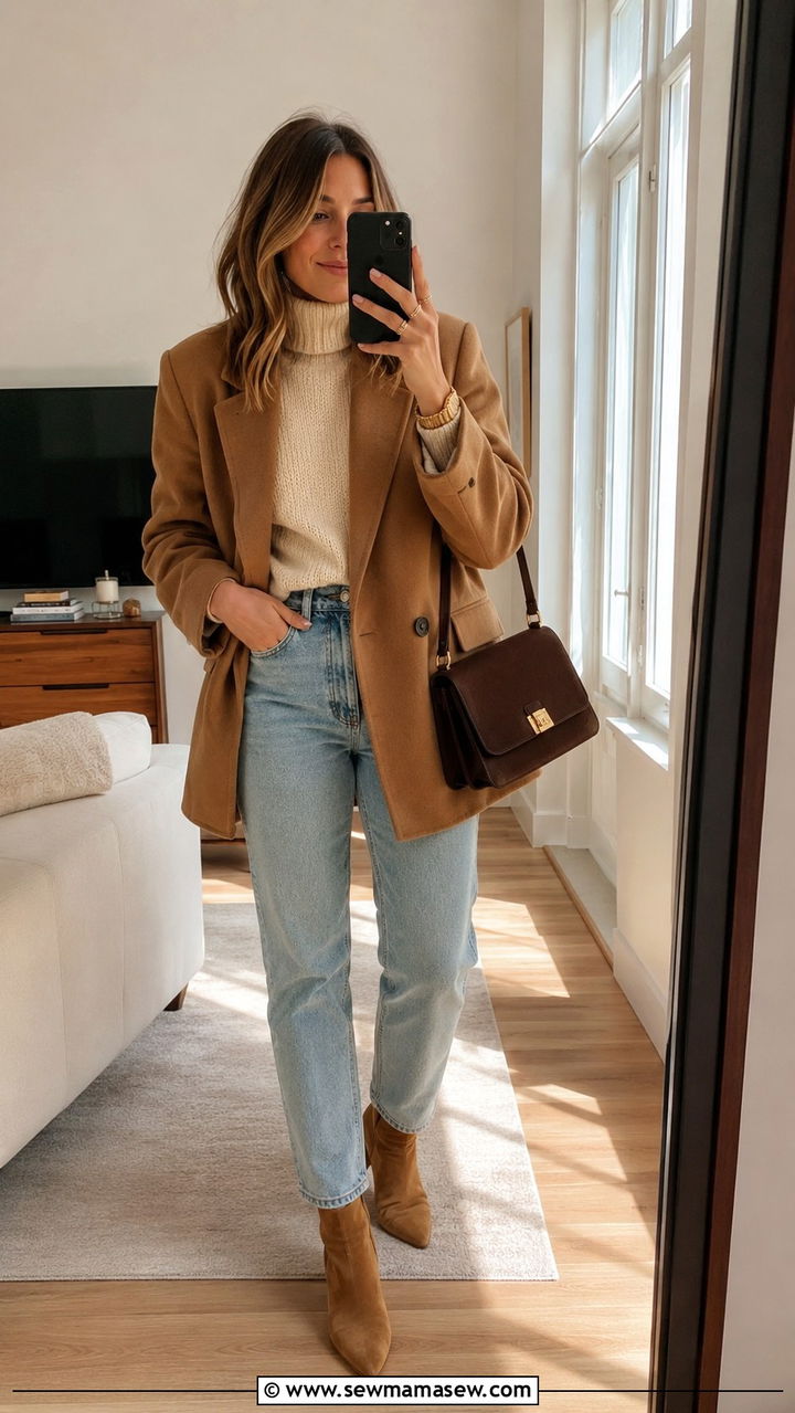 Camel Oversized Blazer and Mom Jeans Outfit - 30 Oversized blazer outfit ideas with jeans