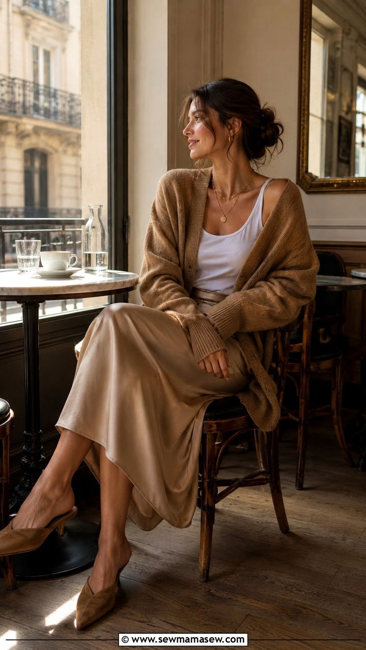 Camel Oversized Cardigan With Slip Skirt And Layer Necklaces - 30 Parisian capsule wardrobe 2026