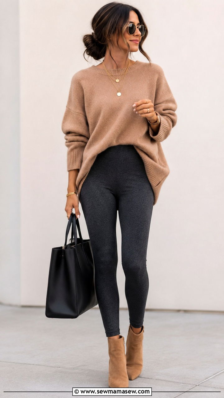 Camel Oversized Sweater With Charcoal Leggings - 30 Oversized sweater with leggings outfit ideas