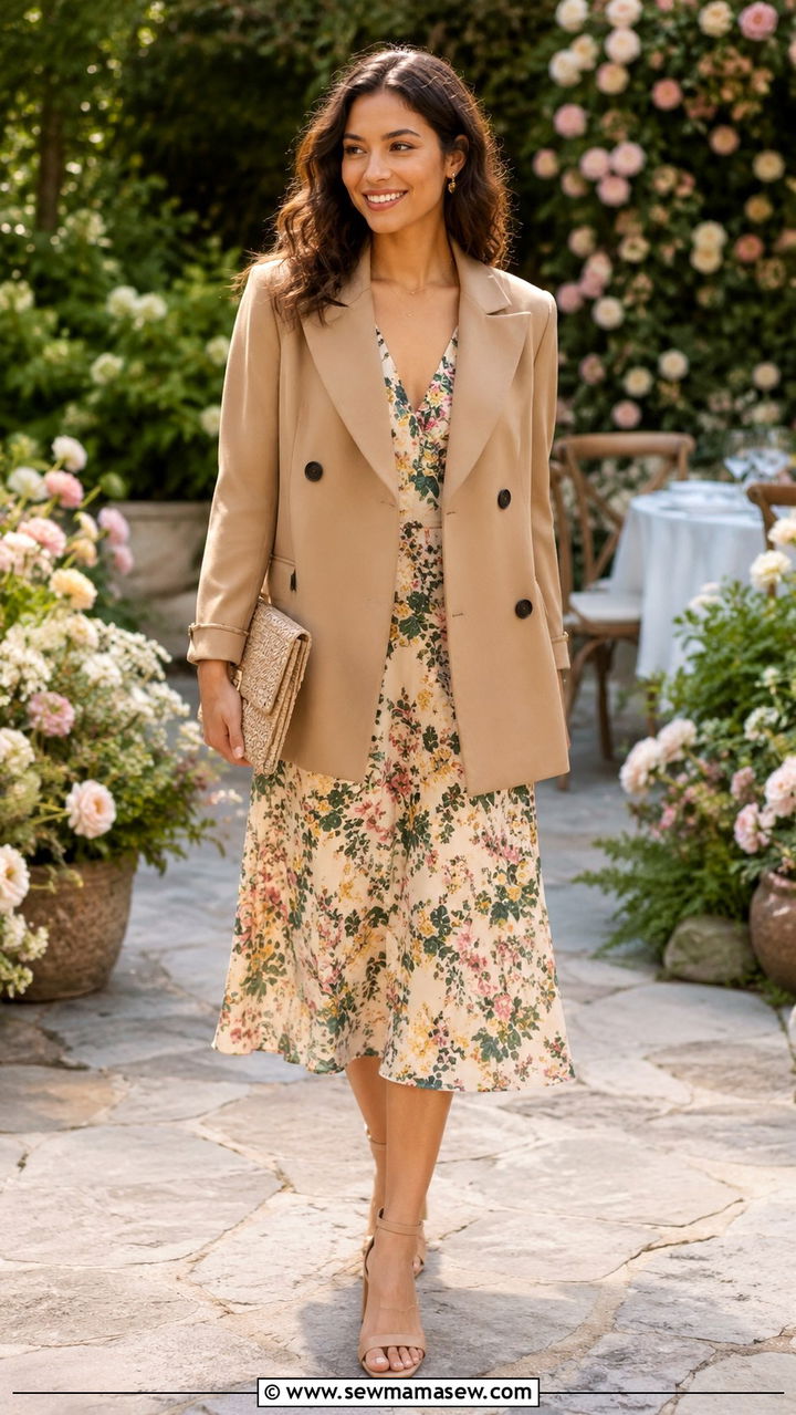 Camel Pea Coat With A Floral Midi Dress - 20 Summer outfits with pea coat