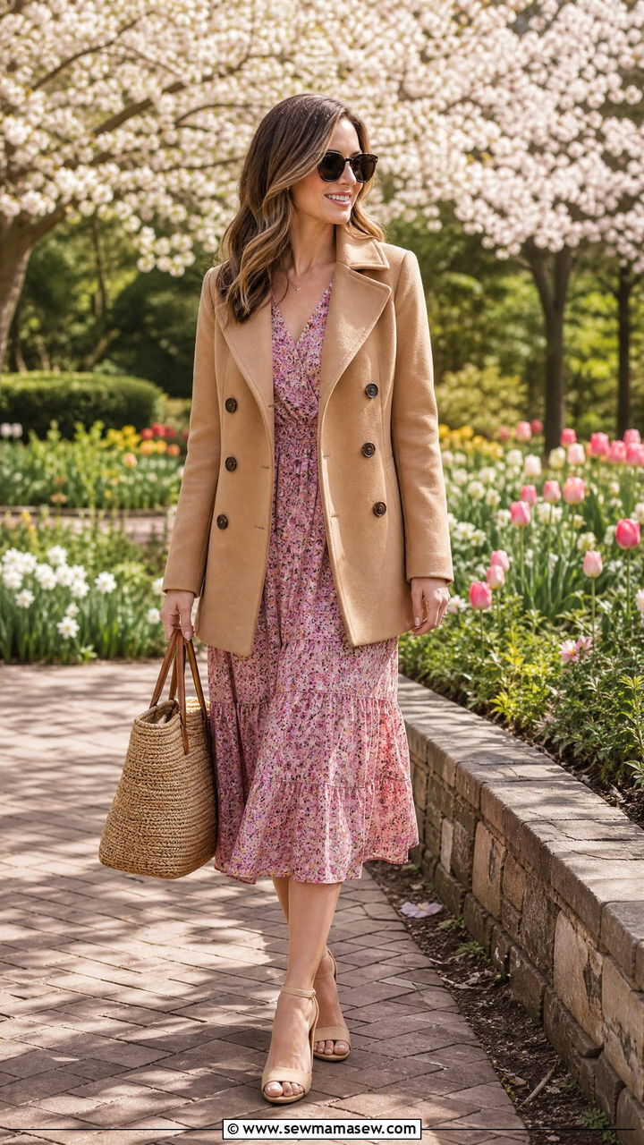 Camel Pea Coat With Floral Midi Dress Spring Outfit - 25 Spring outfits with pea coat