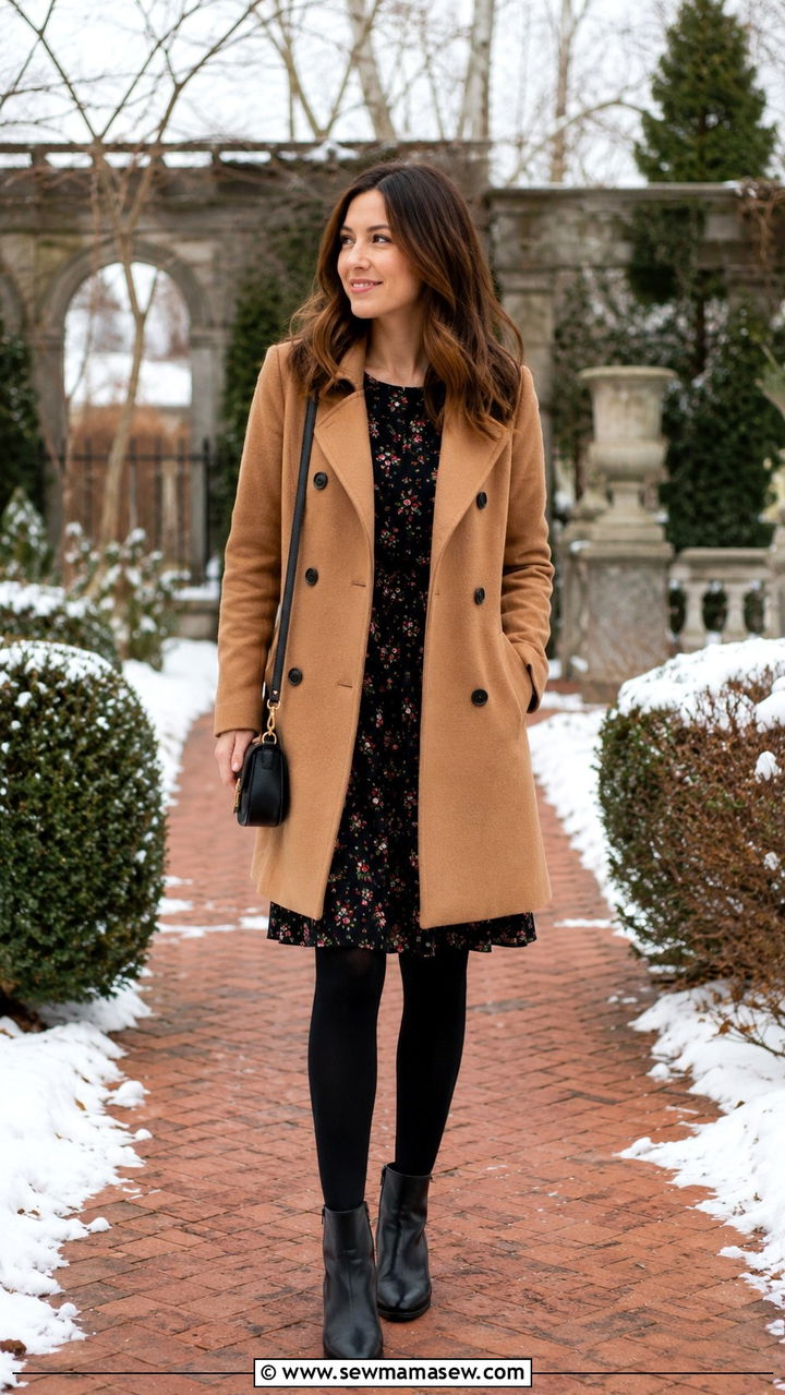 Camel Pea Coat with Floral Midi Dress and Ankle Boots - 30 How to style a pea coat