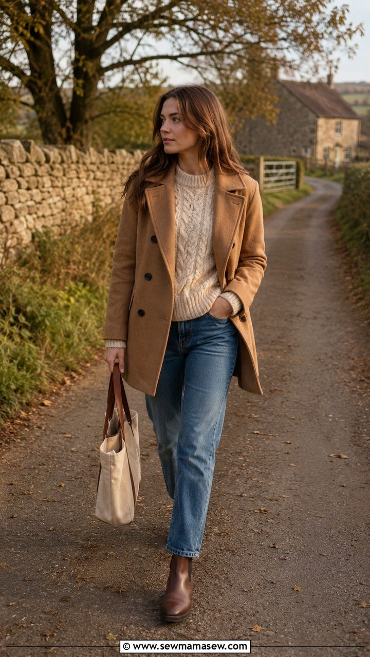 Camel Pea Coat with a Cable Knit and Mid Wash Straight Jeans - 30 How to style a pea coat