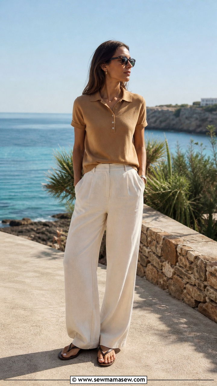 Camel Polo Knit with Cream Linen Trousers - 40 Neutral outfit ideas
