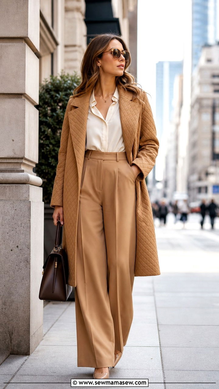 Camel Quilted Coat Outfit With Trousers - 40 Quilted coat outfit ideas