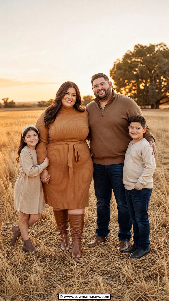 Camel Ribbed Sweater Dress With Knee High Boots - 30 Plus size outfit ideas for family photos