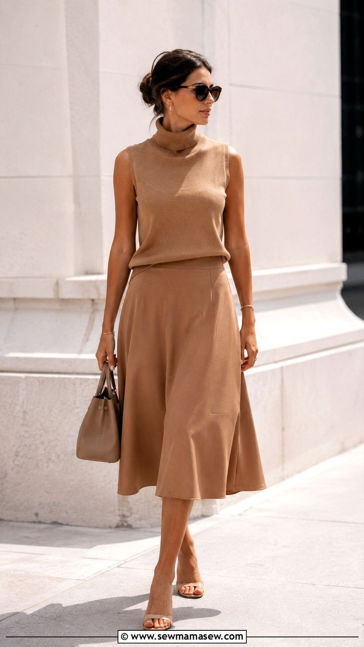 Camel Sleeveless Turtleneck with A Line Midi Skirt - 20 Quiet luxury outfit ideas Meghan Markle
