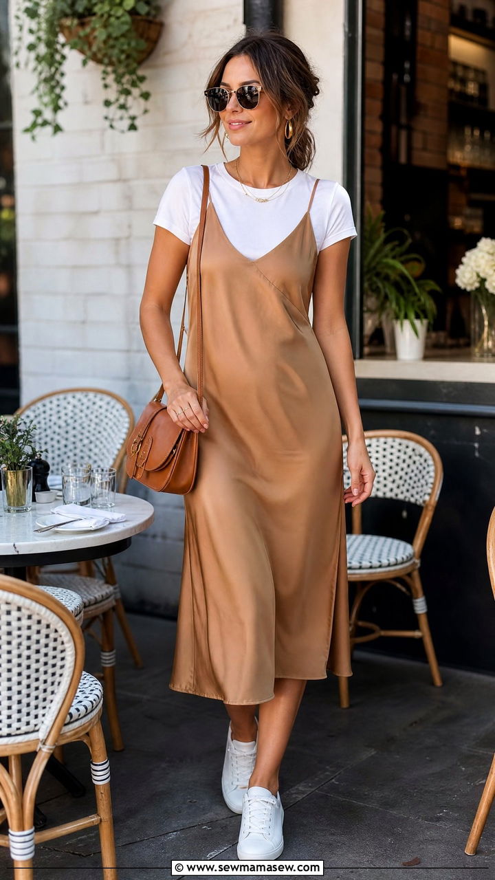 Camel Slip Dress With White T Shirt Layered Underneath - 30 summer camel outfit ideas