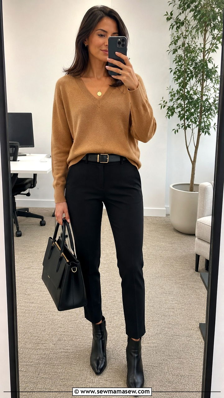 Camel Sweater And Black Ankle Pants For Mediation - 30 Mediation outfit ideas