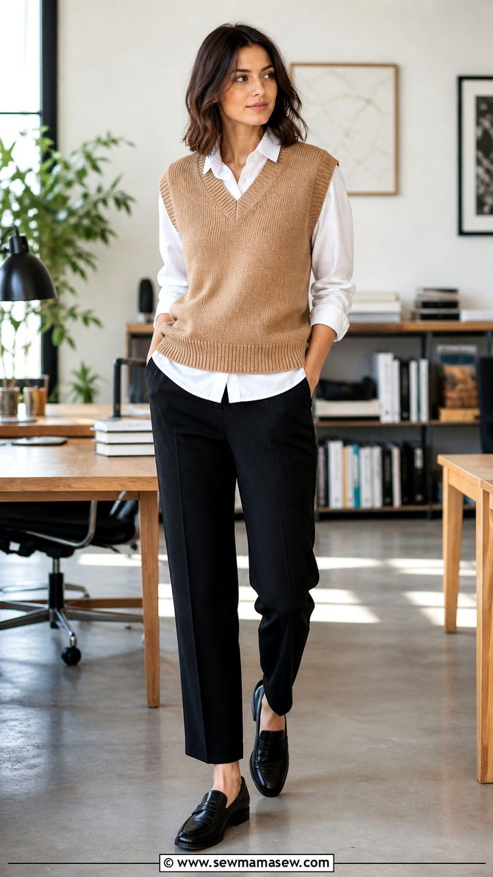 Camel Sweater Vest Over White Button Down with Black Trousers - 40 Camel outfit ideas