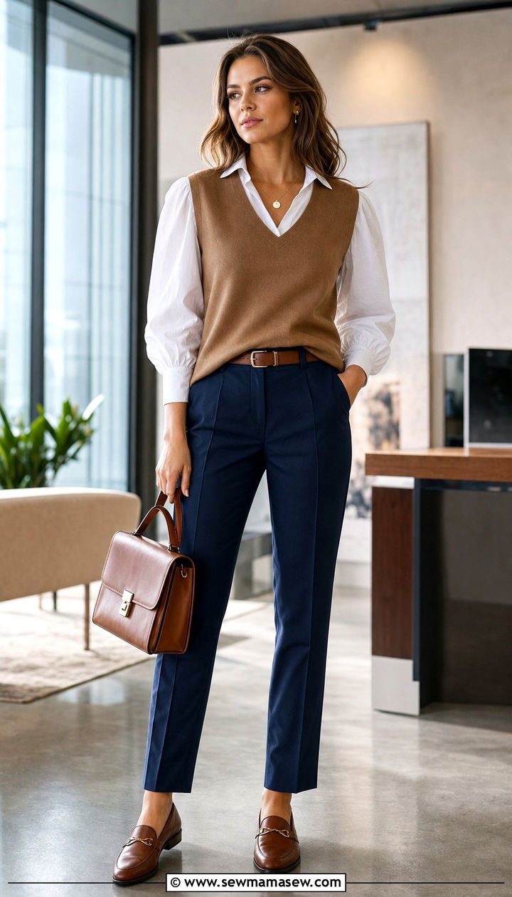 Camel Sweater Vest with White Blouse and Tailored Trousers - 25 spring vest outfit ideas