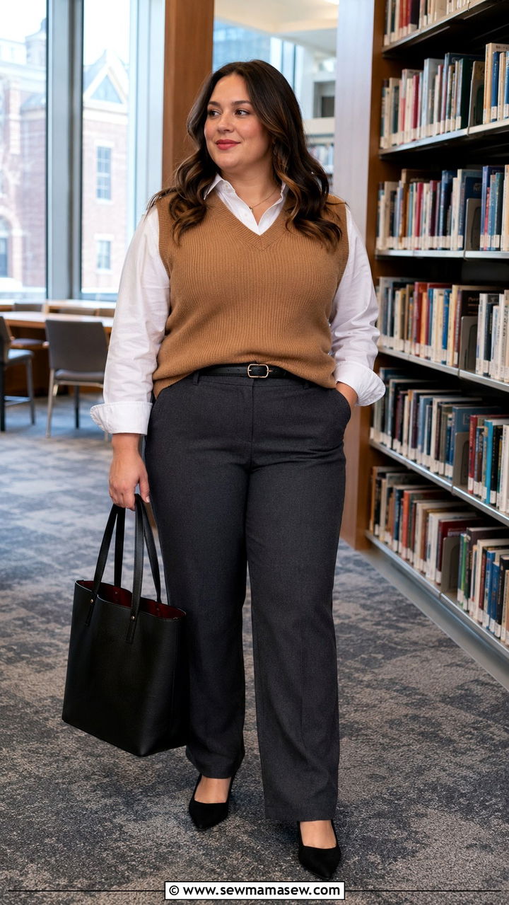 Camel Sweater Vest with White Button Down and Charcoal Trousers - 30 Plus size corporate outfit ideas