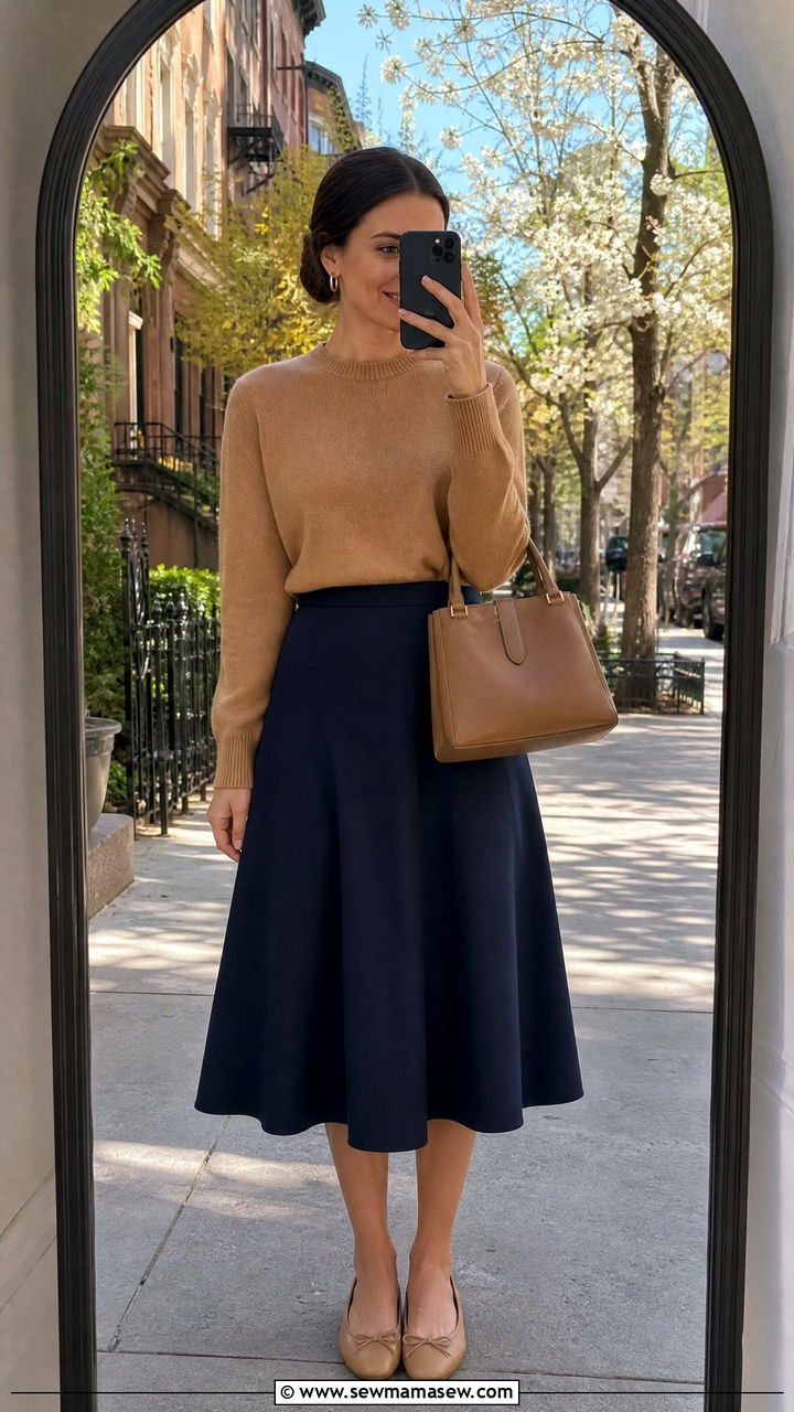 Camel Sweater With Navy Skirt Outfit - 30 spring camel outfit ideas