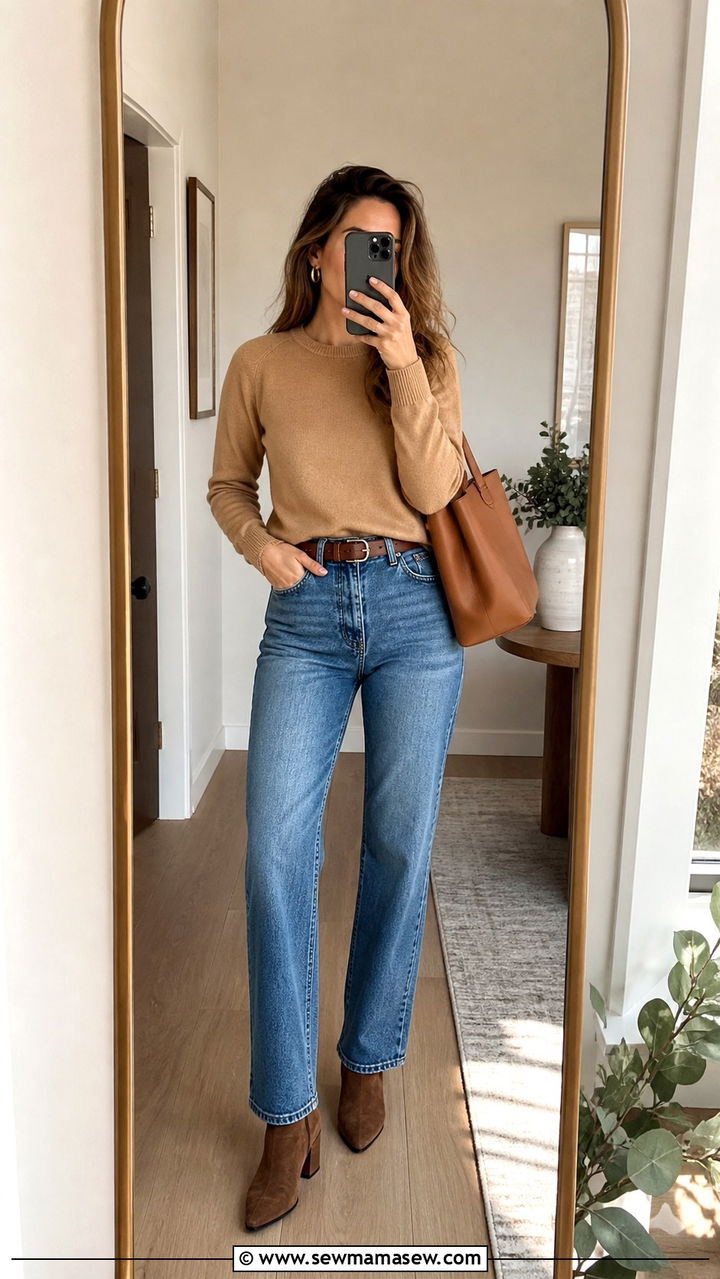 Camel Sweater and Blue Denim - 30 minimalist outfit ideas for women