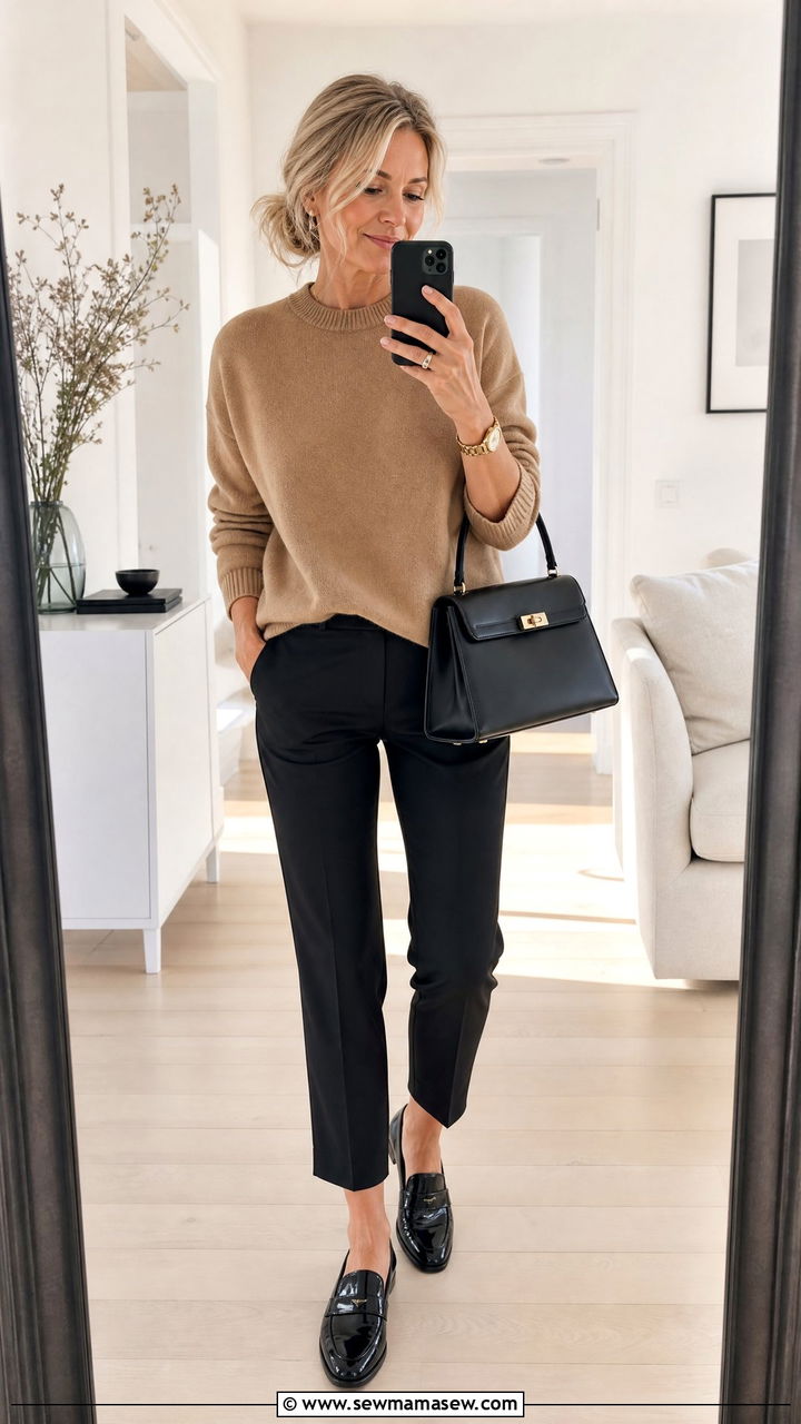 Camel Sweater with Cropped Black Trousers and Loafers - 30 scandinavian outfit ideas for women over 40
