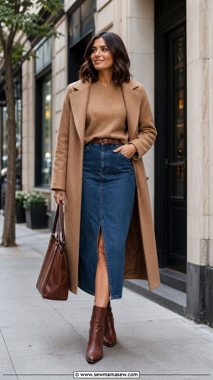 Camel Sweater with Front Slit Denim Midi Skirt and Brown Ankle Boots - 35 denim skirt outfits ideas