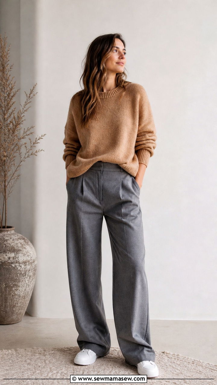 Camel Sweater with Grey Wide Leg Trousers - 40 Camel outfit ideas