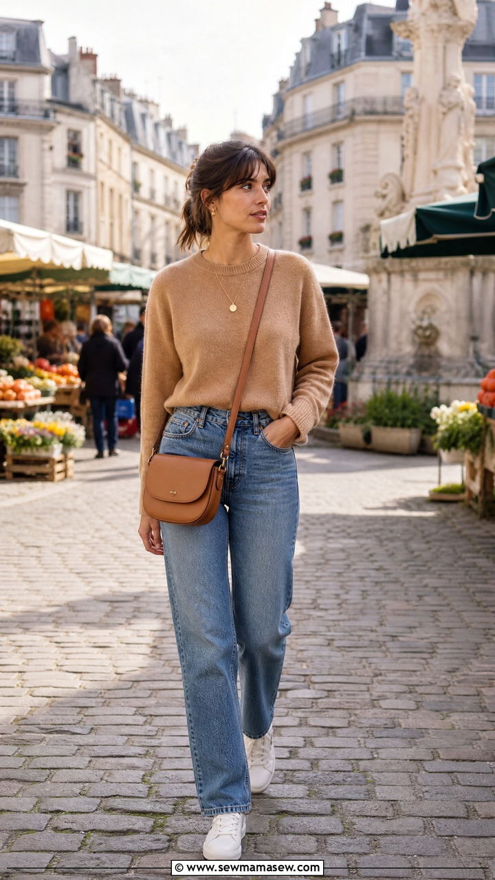Camel Sweater with Straight Denim and Classic Sneakers - 30 French girl outfit ideas minimalist