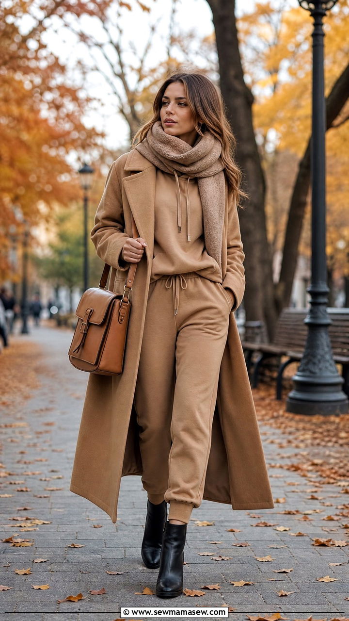 Camel Sweatsuit with Wool Coat and Ankle Boots - 25 Matching sweatsuit outfit ideas