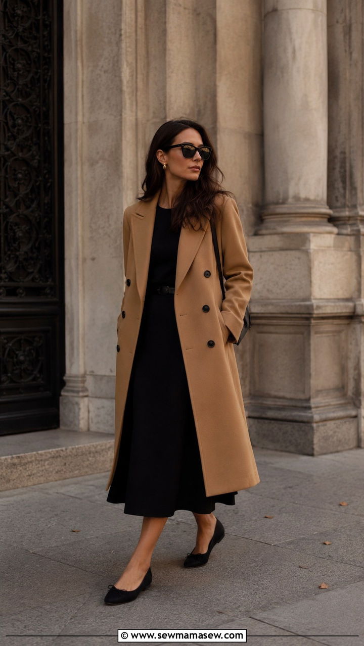 Camel Trench Coat And Black Midi Dress With Ballet Flats - 25 Old money outfit ideas with ballet flats