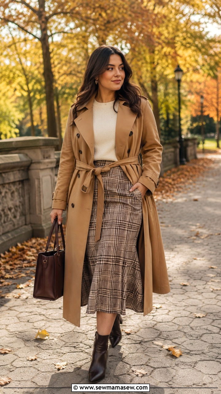 Camel Trench Coat And Plaid Midi Skirt Outfit - 30 Petite curvy outfit ideas