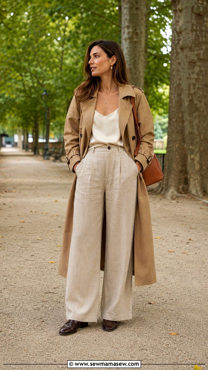 Camel Trench Coat Beige Linen Pants Outfit - 25 Wide leg linen pants outfit ideas with a trench coat