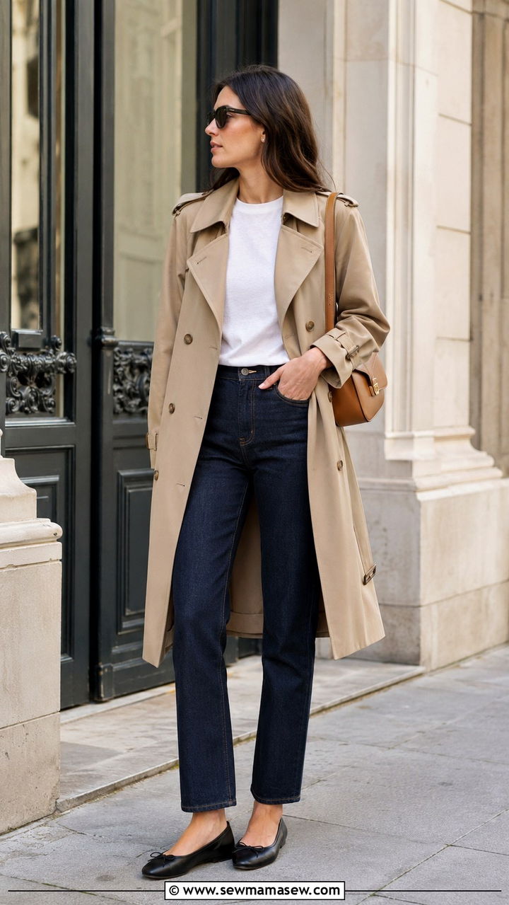 Camel Trench Coat Outfit with Straight Leg Jeans and Ballet Flats - 30 Quiet luxury spring outfits