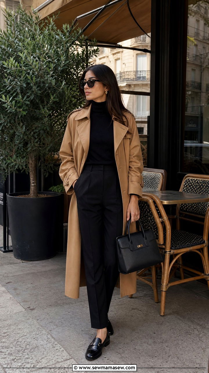 Camel Trench Coat Over All Black Travel Outfit - 25 Old money outfit ideas for travel