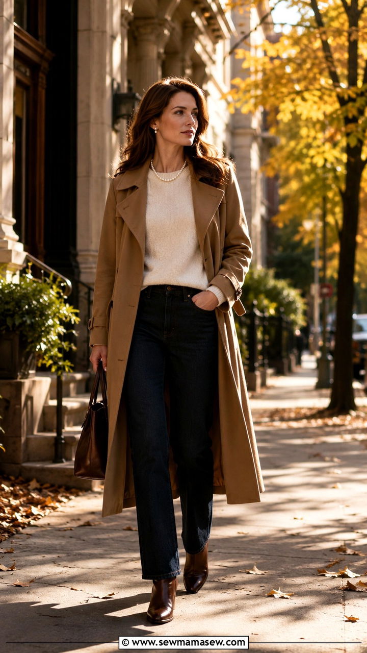 Camel Trench Coat Over Cashmere Sweater and Dark Jeans With Pearl Necklace - 25 Old money outfit ideas with pearls necklace