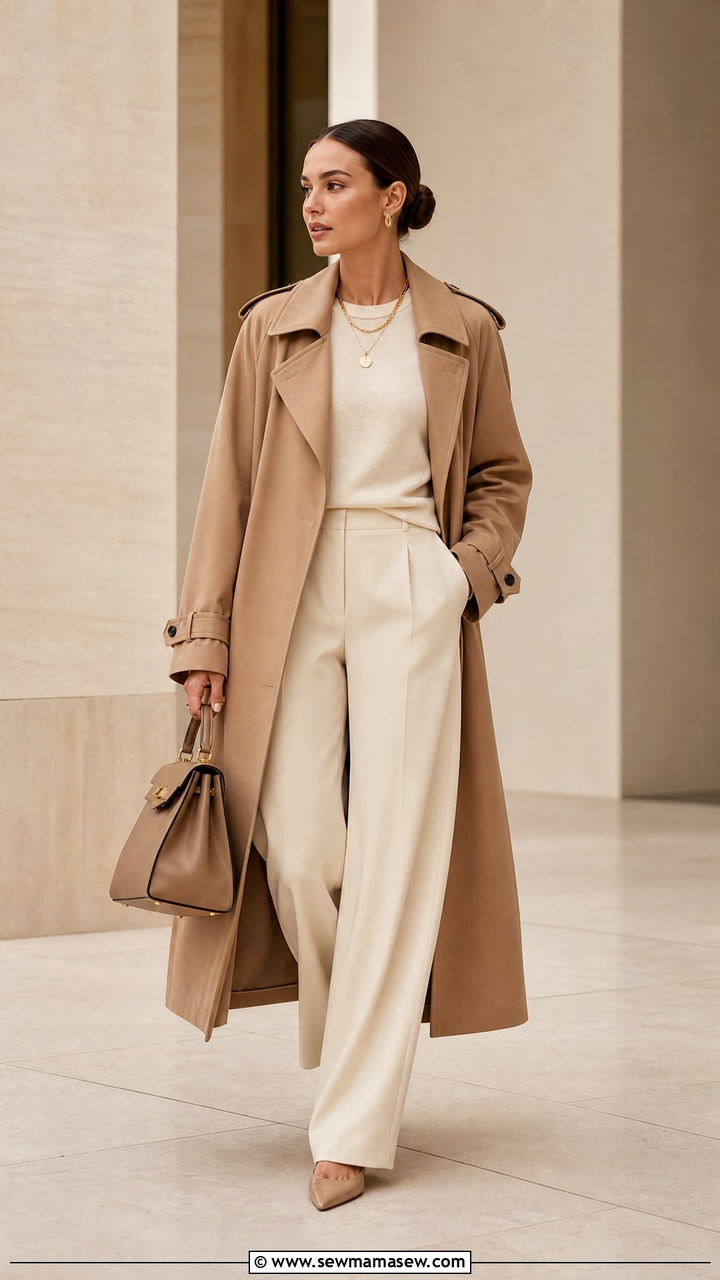 Camel Trench Coat With An All Cream Base And Gold Accessories - 35 How to style a trench coat