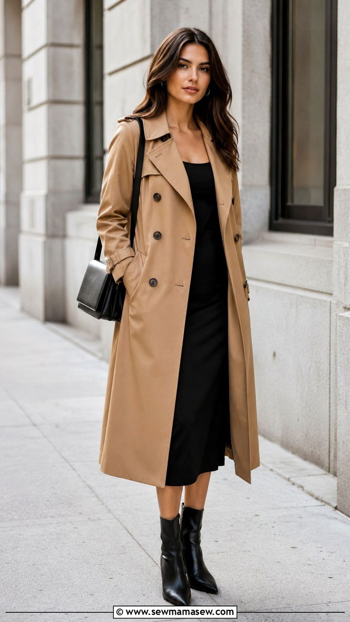 Camel Trench Coat With Black Midi Dress Outfit - 25 Midi dress with trench coat outfit ideas