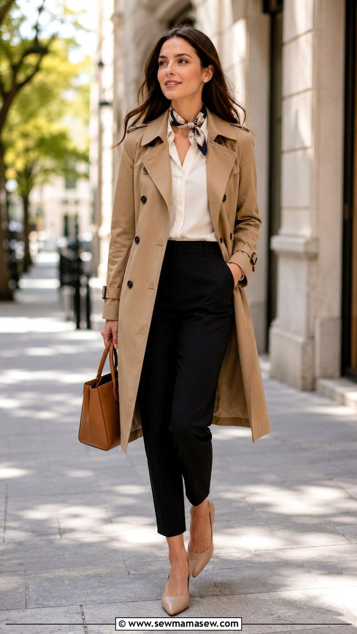 Camel Trench Coat With Black Tapered Trousers - 30 casual job interview outfits