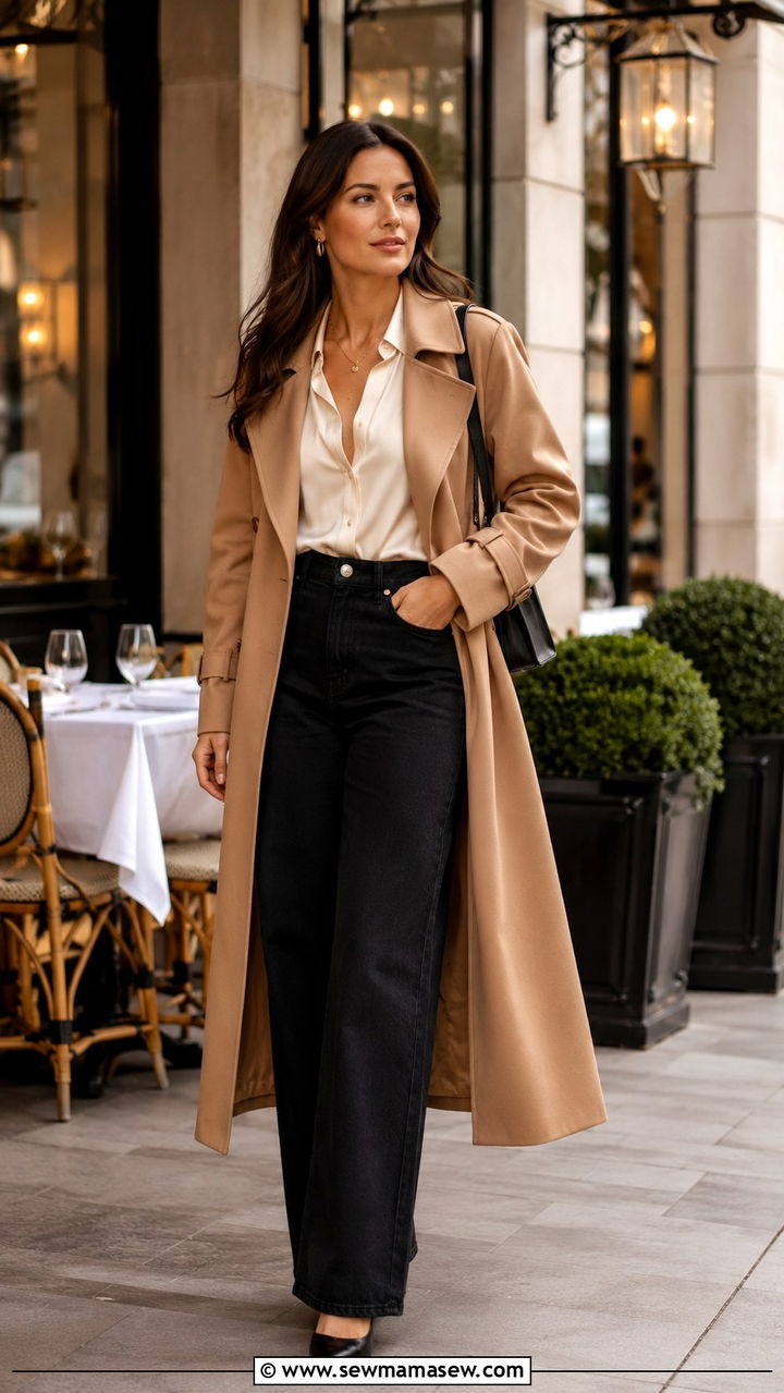 Camel Trench Coat With Black Wide Leg Jeans And Pointed Toe Heels - 25 Black jeans outfit ideas with a trench coat