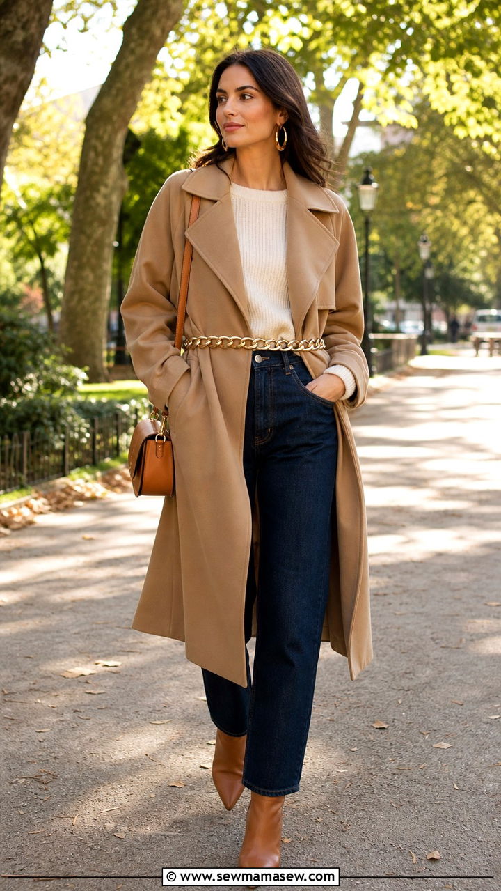 Camel Trench Coat With Cream Knit And Straight Leg Jeans - 40 glamoratti outfits ideas