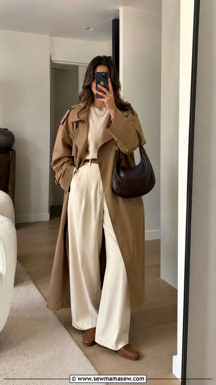 Camel Trench Coat With Cream Wide Leg Trousers Outfit - 25 Wide leg trousers outfit ideas with a trench coat