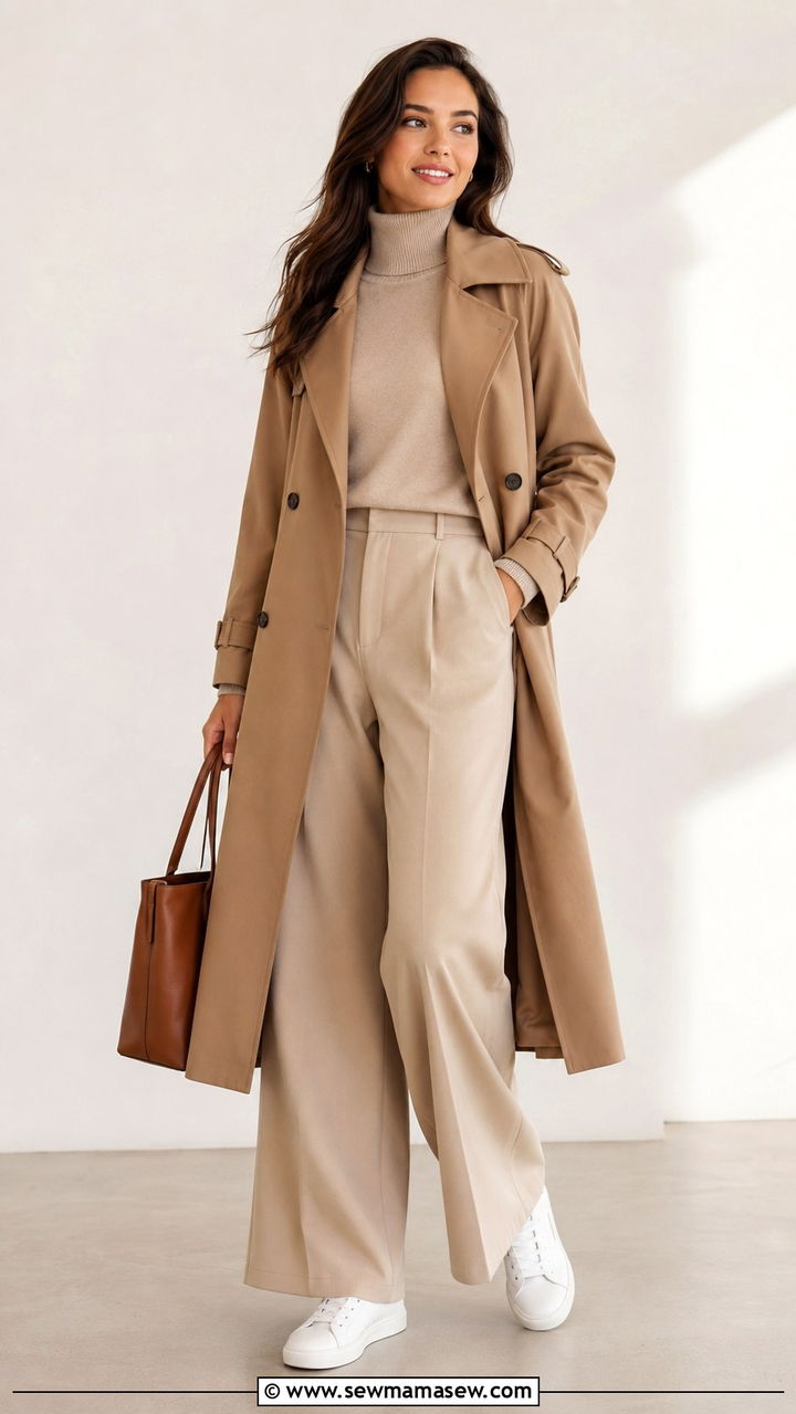 Camel Trench Coat With Fine Gauge Turtleneck And Wide Leg Trousers - 30 cute transitional outfits