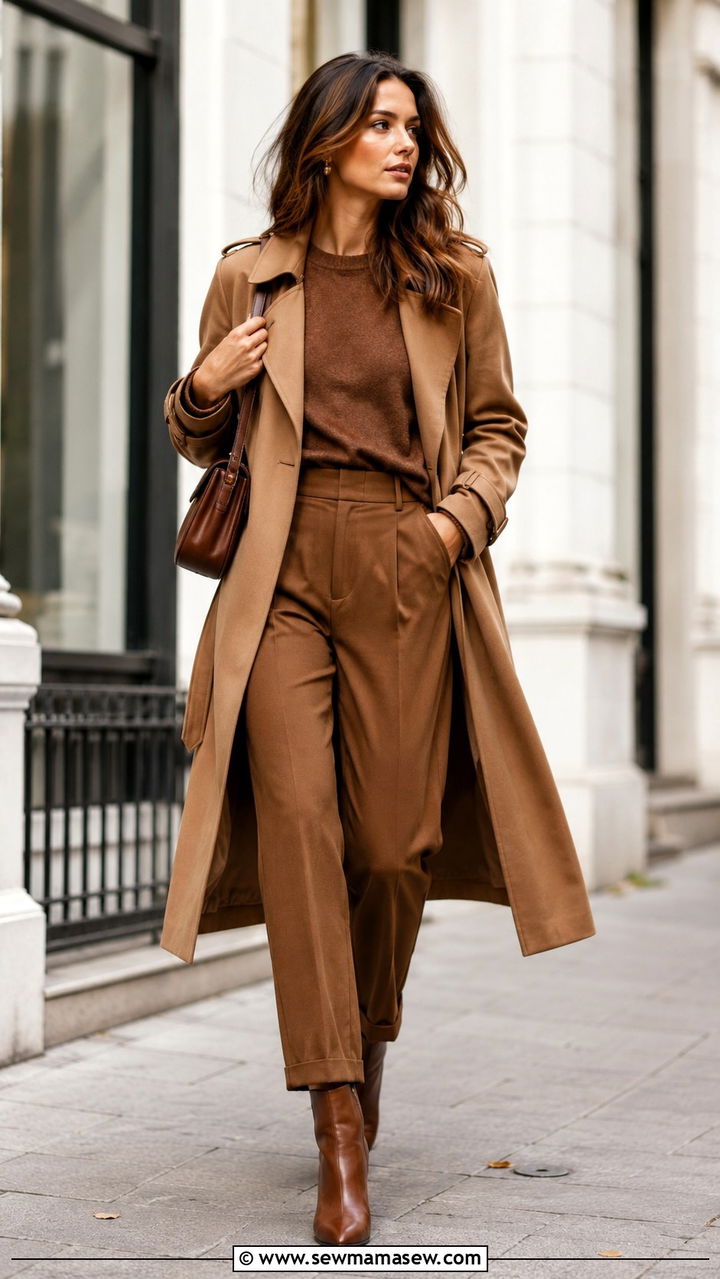 Camel Trench Coat With Tailored Trousers - 30 Monochromatic brown outfits