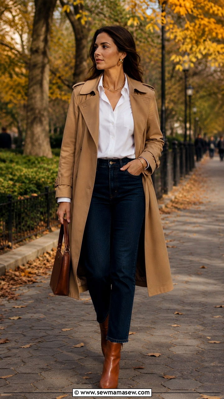 Camel Trench Coat With White Button Down And Gold Hoop Earrings - 25 Old money outfit ideas with gold jewelry