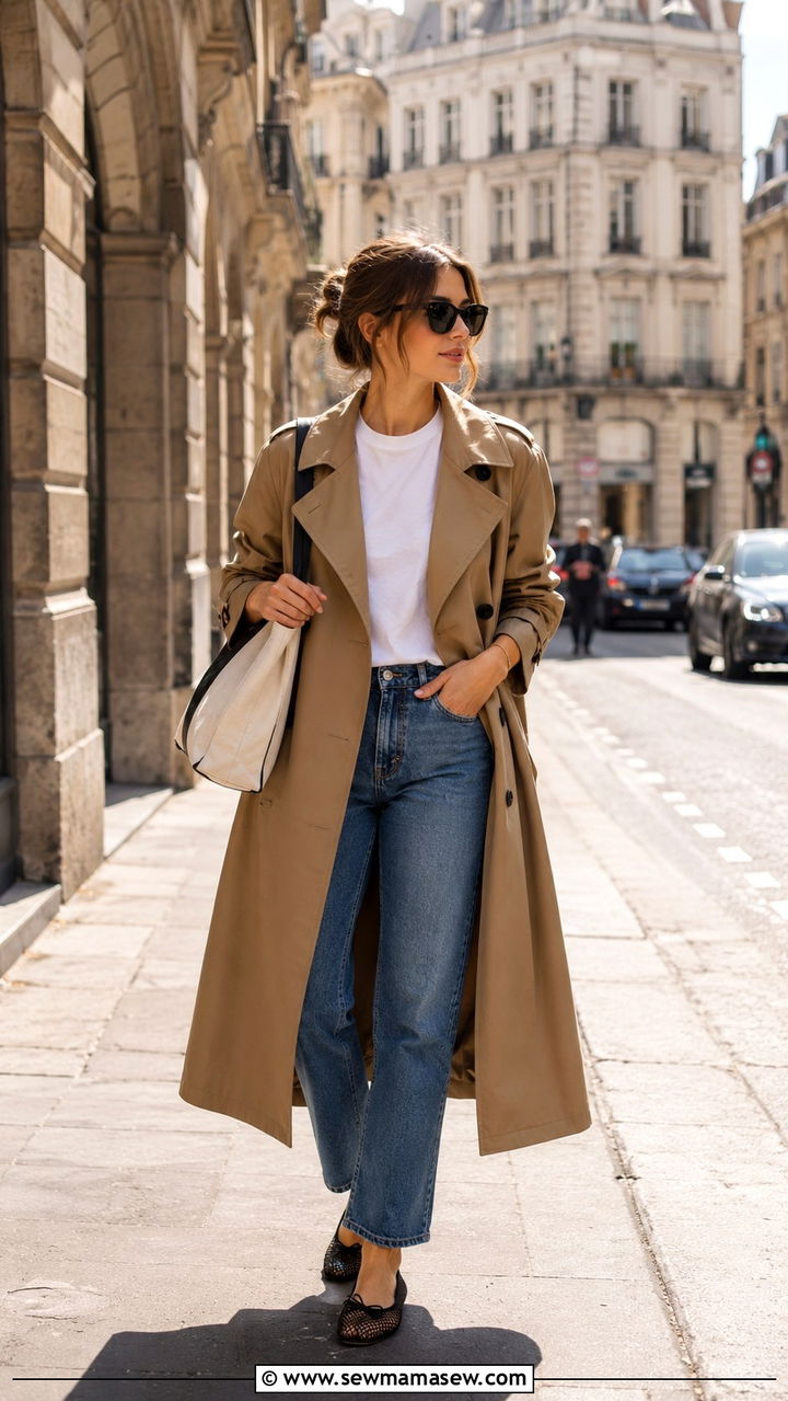 Camel Trench Coat With White Tee And Straight Jeans Outfit - 25 Personal shopper outfit ideas