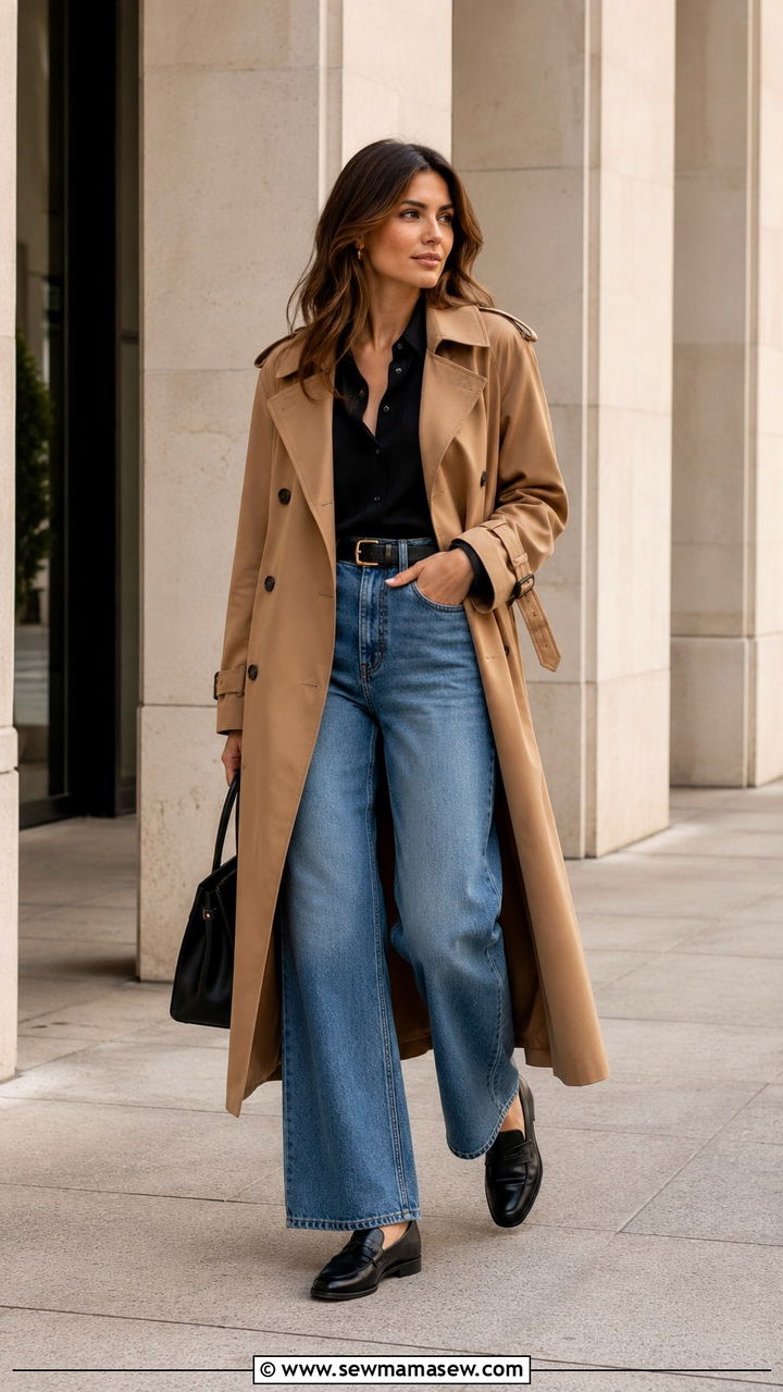 Camel Trench Coat With Wide Leg Jeans and Loafers - 30 Long trench coat outfit ideas with jeans