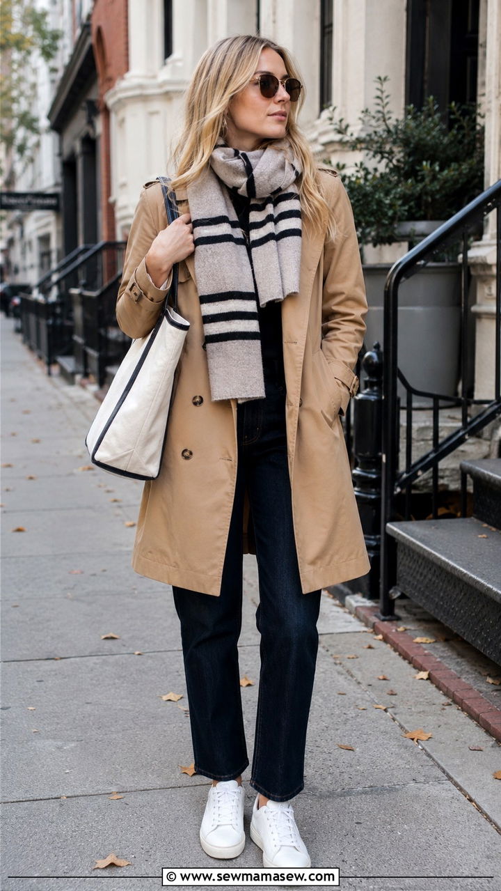 Camel Trench Coat and Striped Cashmere Scarf with Dark Denim and Sneakers - 30 old money capsule wardrobe outfits