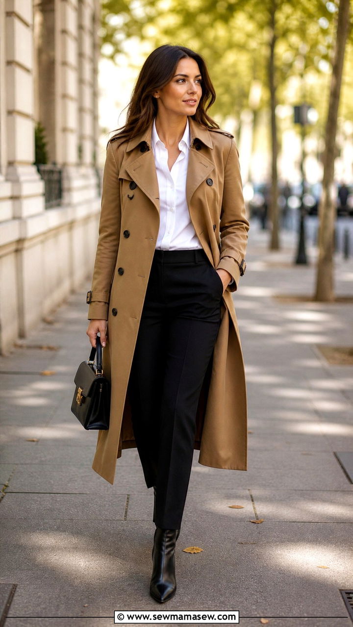 Camel Trench Coat with Black Trousers - 40 parisian outfits for women