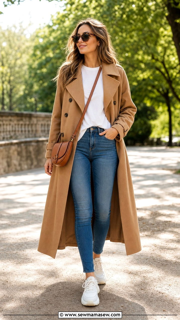 Camel Trench Coat with Blue Skinny Jeans and White Sneakers - 25 Skinny jeans outfit ideas with a trench coat