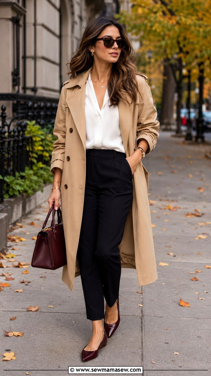 Camel Trench Coat with Burgundy Accents - 30 Business casual outfits for Mondays