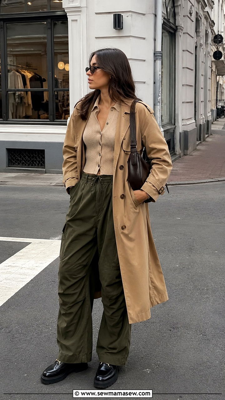Camel Trench Coat with Cardigan Sweater and Parachute Pants - 30 Long trench coat outfit ideas with a sweater