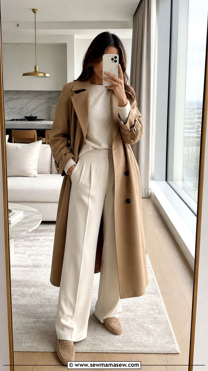 Camel Trench Coat with Cream Knit and Trousers Outfit - 40 trench coat outfit ideas
