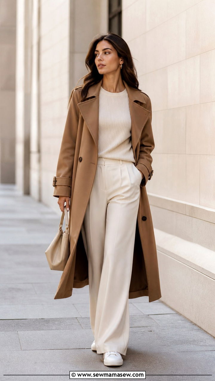 Camel Trench Coat with Cream Wide Leg Trousers and Sneakers - 40 Camel outfit ideas