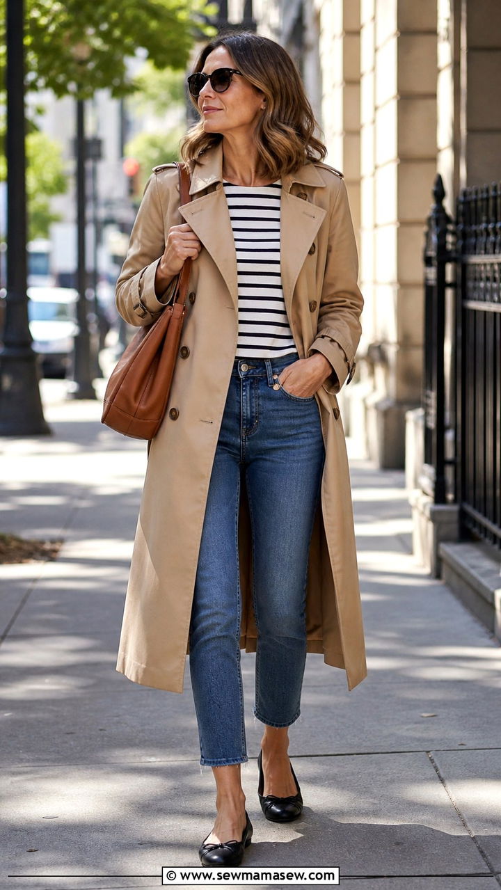 Camel Trench Coat with Cropped Jeans and Ballet Flats - 20 40 year old woman outfit ideas