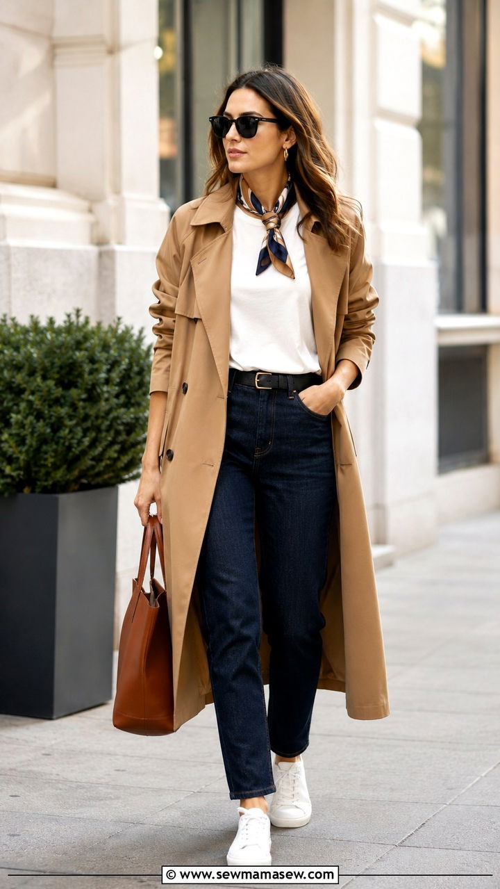 Camel Trench Coat with Dark Denim Look - 30 chic office outfits for women