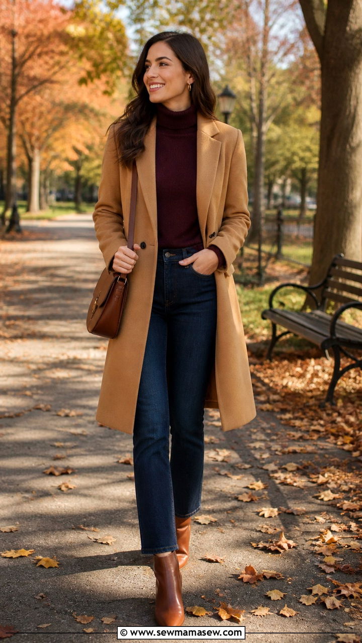 Camel Trench Coat with Navy Striped Sweater and Wide Leg Denim - 40 Camel outfit ideas